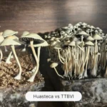 Two clusters of mushrooms are shown. On the left is Huasteca, Mexico with thicker, cream colored stems, broad caps and dark gills. On the right is TTBVI with thinner, denser clusters. A cyan colored label at the bottom reads "Huasteca vs TTBVI.