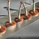 Close-up of several Blue Springs Red Spore panaeolus cyanescens showcasing their deep red gills. A few small debris pieces are scattered around, hinting at their natural habitat.