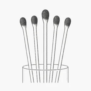 A black and white illustration of five Cubensis Swab Sets standing upright in a cylindrical holder, with the tips facing upward.